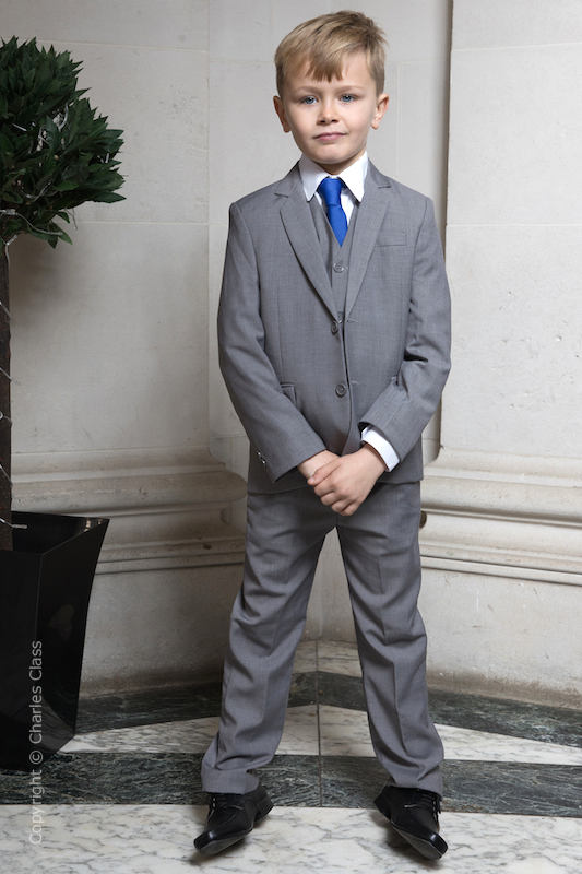 Boys Light Grey Wedding Suit with Royal Blue Tie | Charles Class